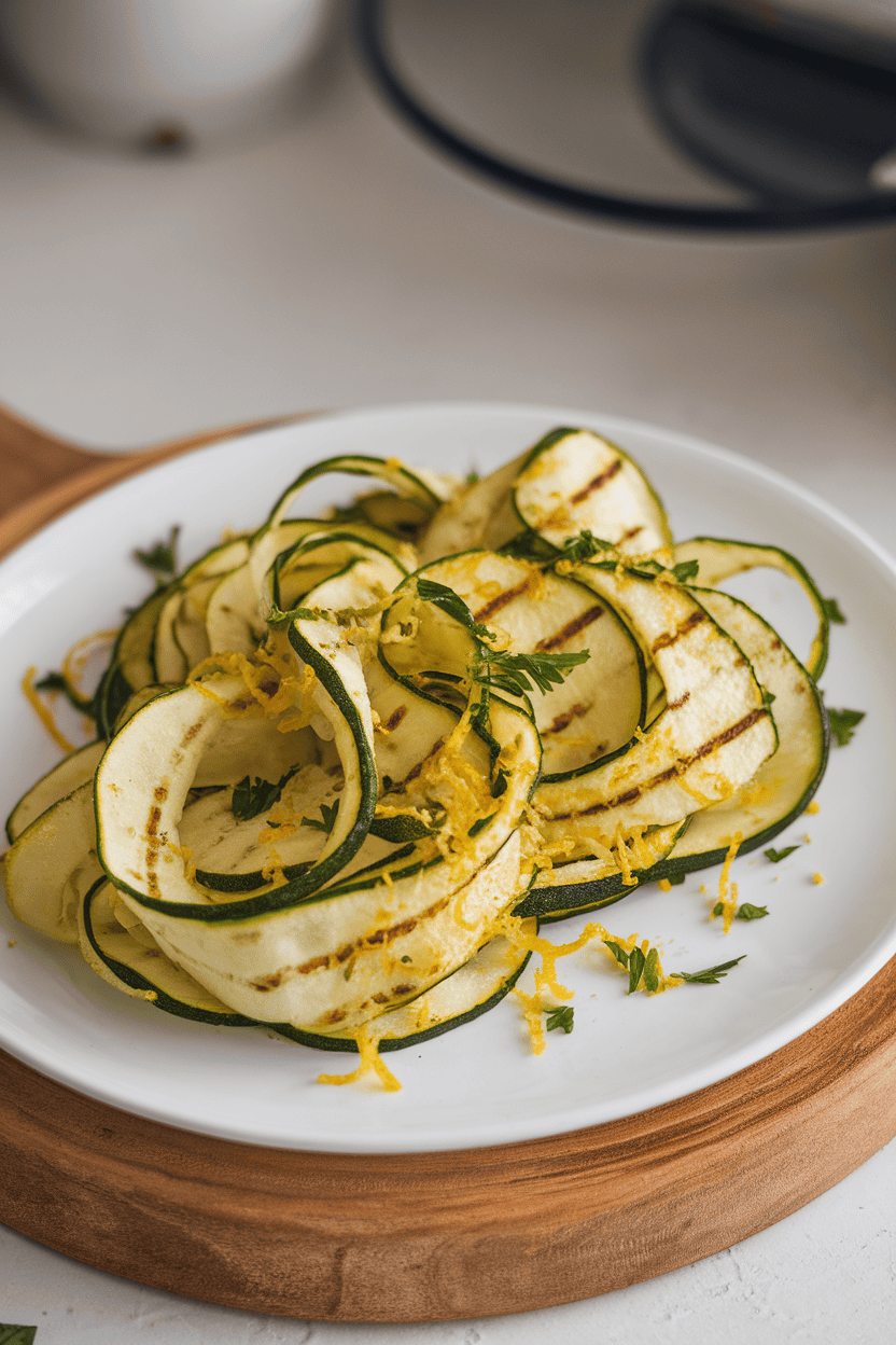 An indoor white platter displaying thin grilled zucchini ribbons drizzled with olive oil and sprinkled with lemon zest and parsley. No text or logos; photo only.