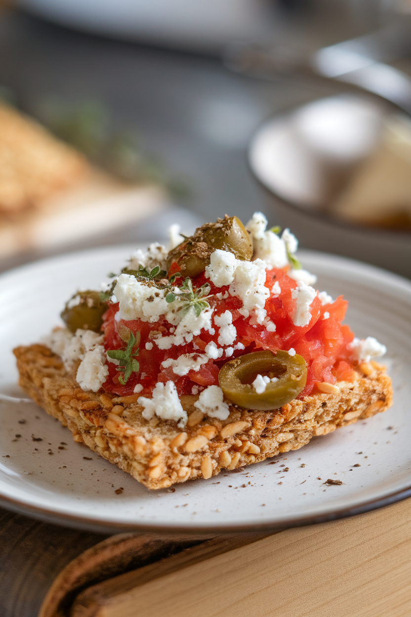 Photo of barley rusk topped with grated tomato, feta crumbles, olives, and oregano on an indoor plate; no text or logos.