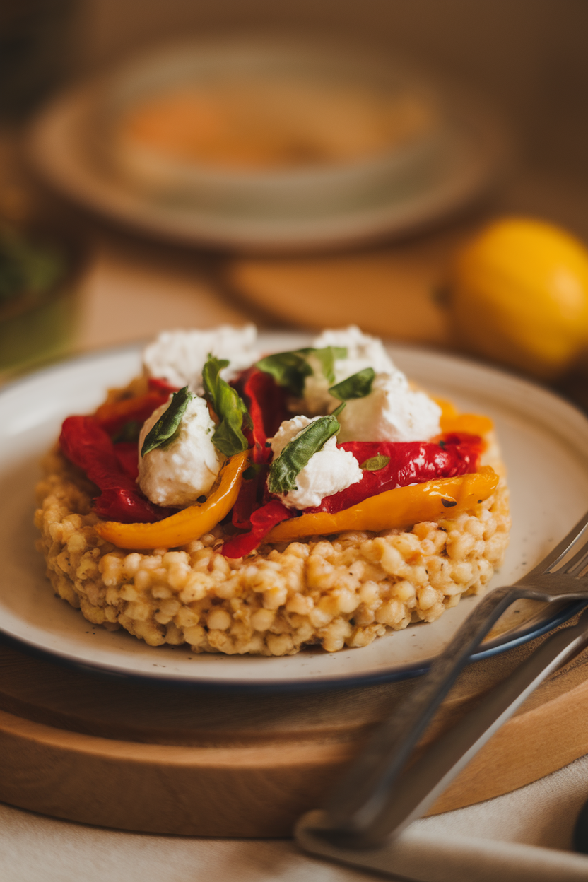 Warm indoor shot of fluffy millet with roasted red and yellow peppers, dollops of goat cheese, and basil drizzle. No logos or text.