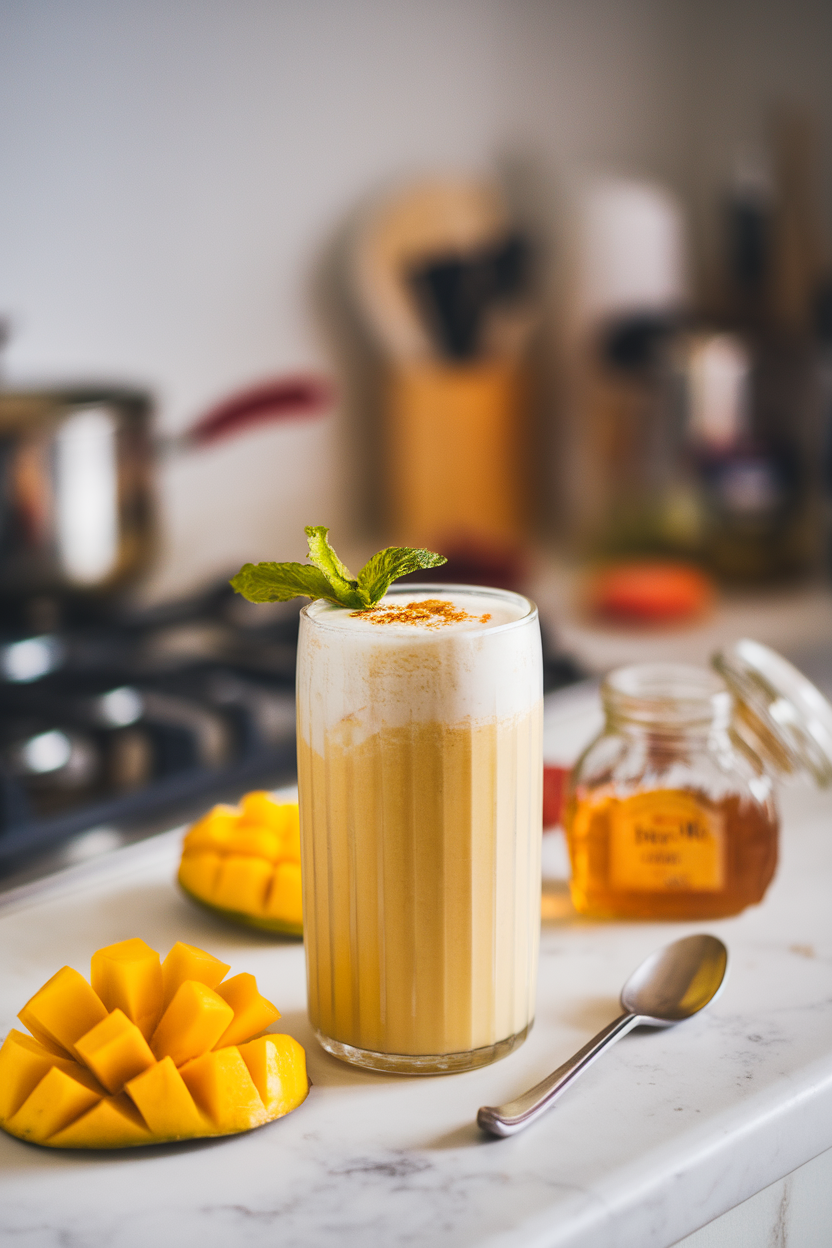 Photo of a tall glass of creamy mango lassi smoothie with a sprinkle of cardamom on top, set on an indoor kitchen counter. No text or logos.
