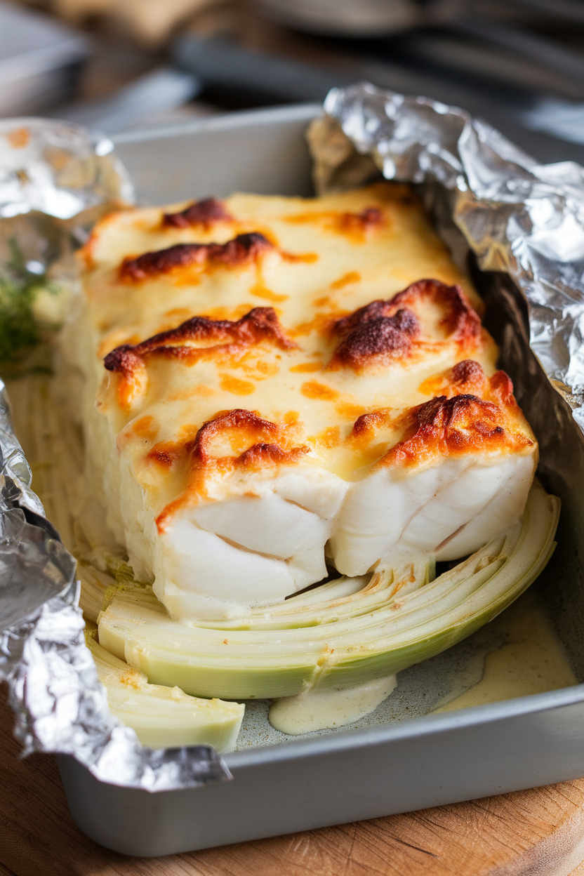 Indoor baking dish with layers of fennel and cod under a bubbly cream and cheese topping, browned edges visible. No text or logos.