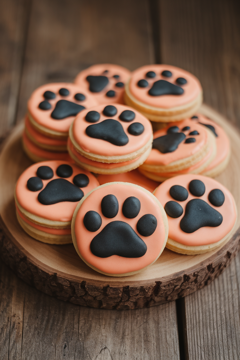 Indoor photo of round cookies with orange icing and black paw-print designs, stacked casually, no text or logos.