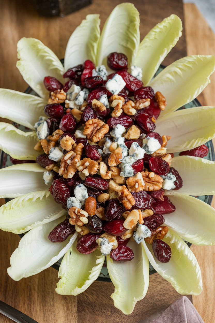 An indoor platter lined with pale green endive leaves filled with cranberry-walnut salad, bits of blue cheese sprinkled atop. No text or logos. Photo only.
