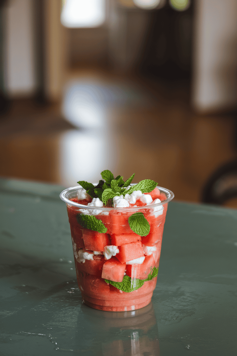 Photo of an indoor table featuring clear plastic cups layered with bright watermelon cubes, crumbled feta, and fresh mint leaves, lightly glistening with lime juice. Soft daylight from a window, no text or logos visible.