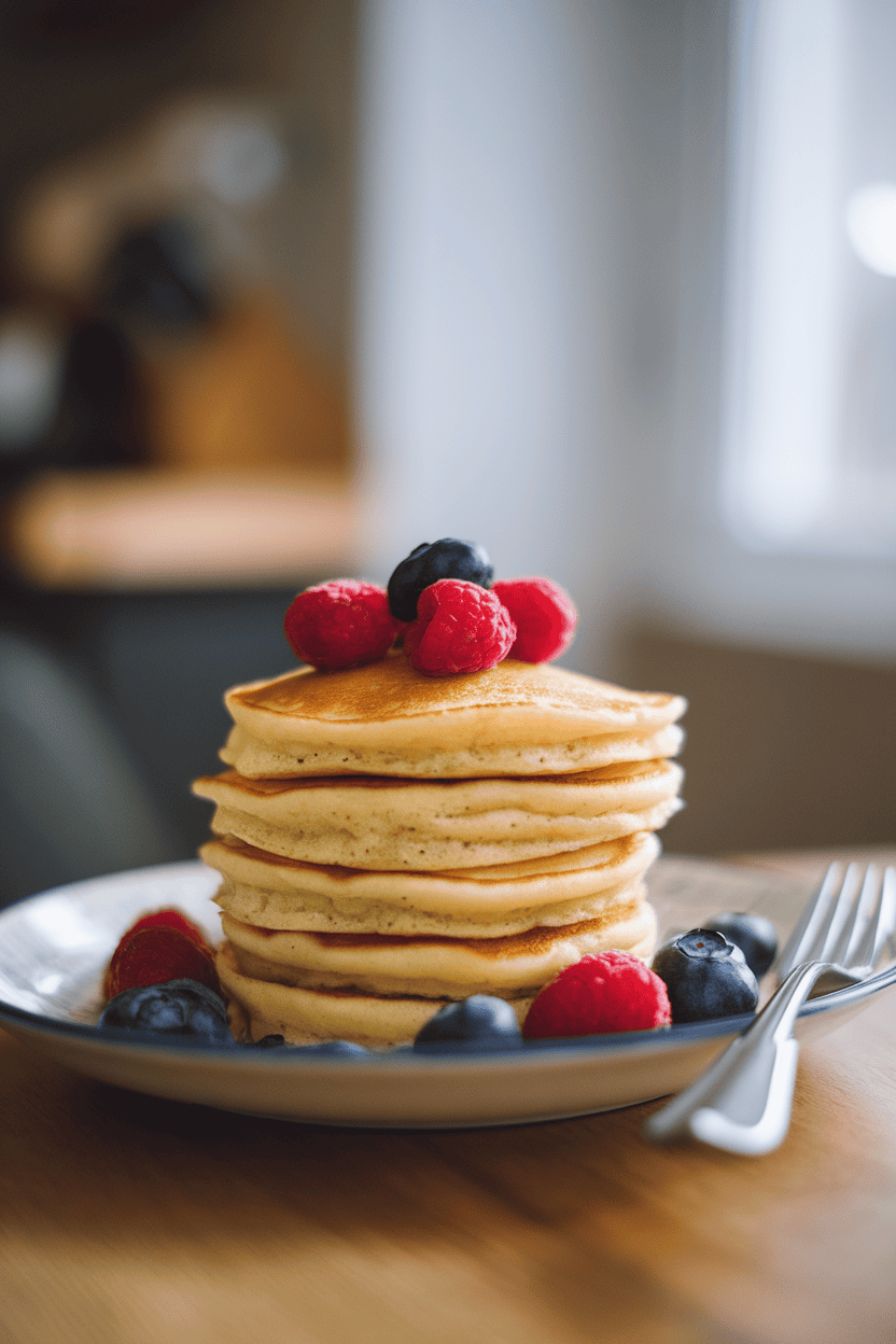 Photo of a small stack of fluffy pancakes on a plate indoors, berries on top, no text or logos.