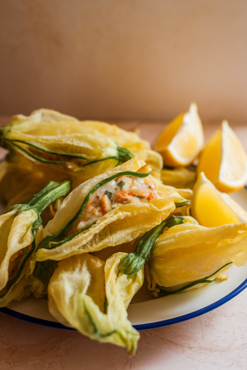 Photo of fried zucchini blossoms on a plate indoors, lightly golden, stuffing peeking out, lemon wedges alongside; no text or logos.