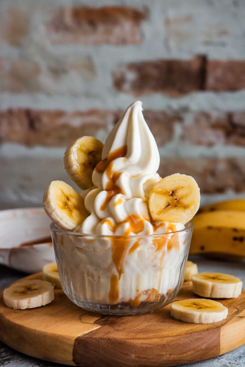 Photo of an indoor bowl of creamy banana nice cream garnished with caramelized banana slices; no text or logos