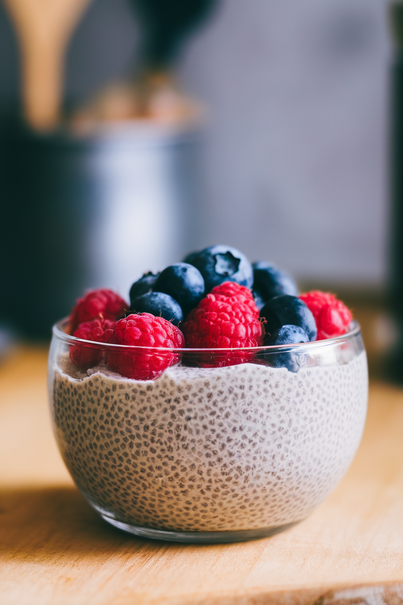 A close-up indoor shot of a clear glass bowl filled with chia pudding and topped with raspberries and blueberries, captured from above. No text or logos in frame.