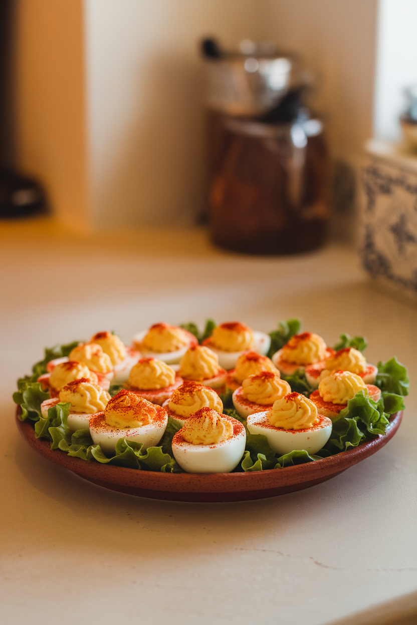 A warmly lit indoor countertop displaying a ceramic platter of classic deviled eggs topped with a dusting of deep-red smoked paprika. Shot from slightly above, no text or logos visible. Photo only.
