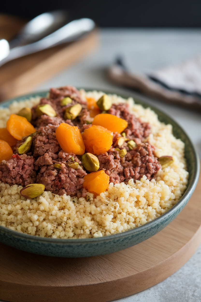 Shallow bowl of fluffy couscous dotted with spiced ground lamb, diced apricots, and pistachios, photographed indoors. No text or logos.