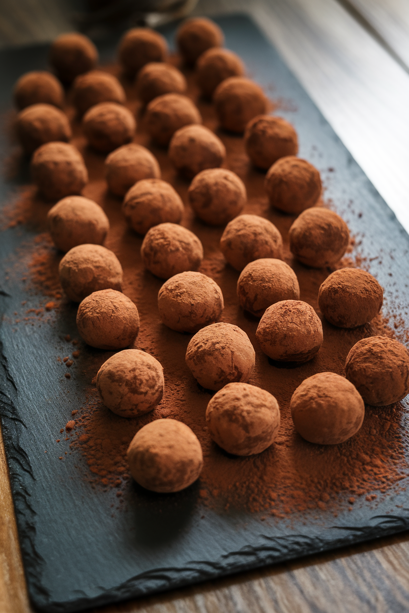 An indoor slate board lined with round chocolate truffles rolled in cocoa powder, glossy sheen suggesting creamy centers. No text or logos.
