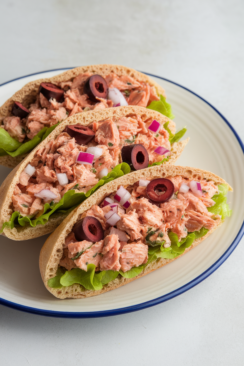 An indoor plate holding halved whole-wheat pitas filled with tuna, chopped olives, red onion, and lettuce. No logos present; photography only.