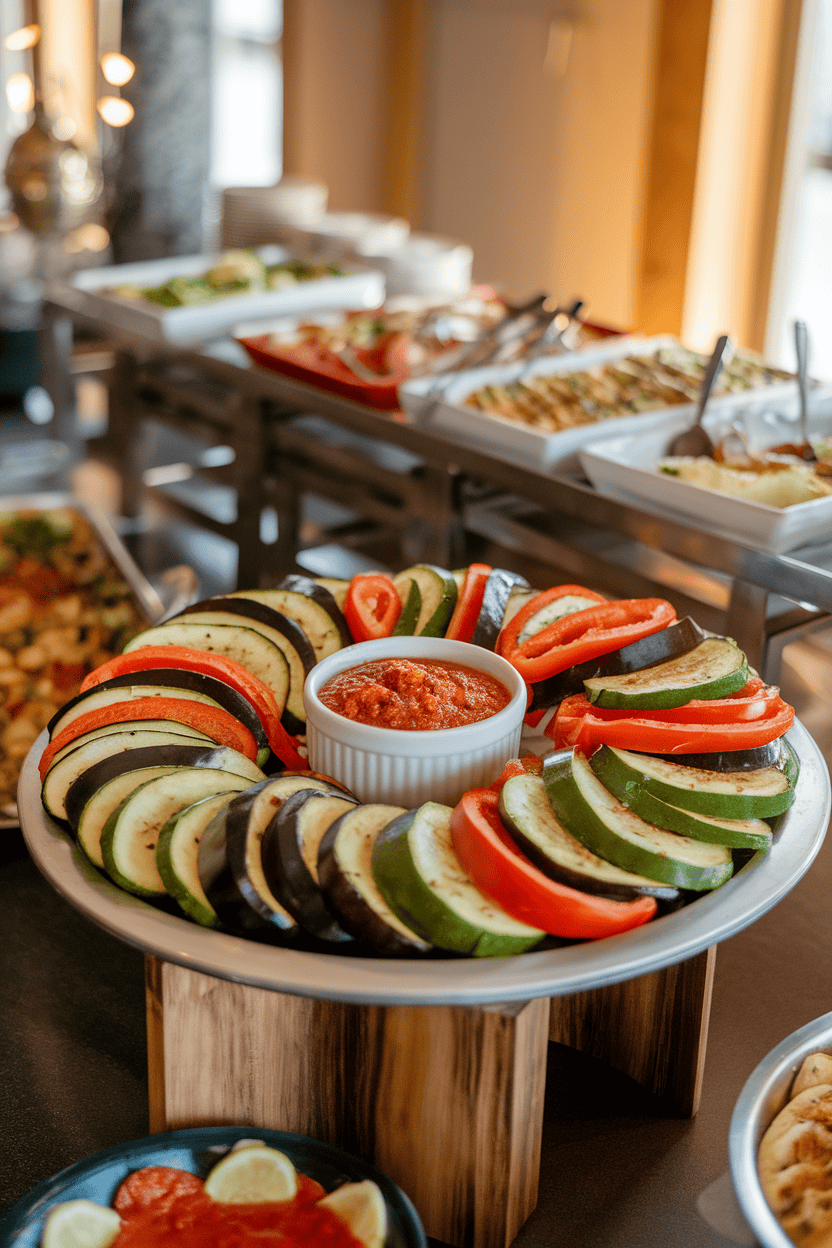 Indoor buffet setting with a platter of cooked zucchini, bell pepper, and eggplant slices arranged around a small bowl of red Romesco sauce. No text or logos present. Photo, not illustration.