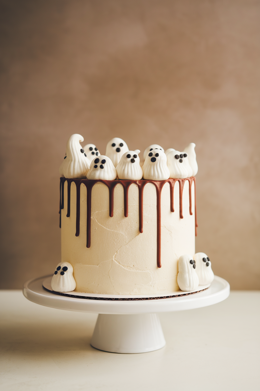 Indoor photo of a tall vanilla cake with white chocolate drip and mini toasted meringue ghosts perched along the edge, softly lit. No text or logos.