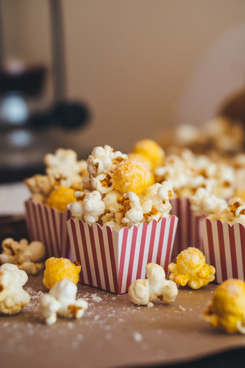Indoor tabletop showing small paper cups filled with parmesan-dusted popcorn, freshly grated cheese visible on top. No text or logos.