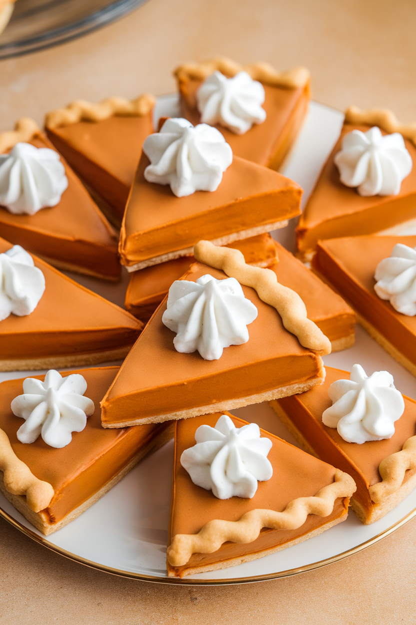 Indoor photo of triangular cookies decorated as pumpkin pie slices with orange filling, tan crust edge, and a piped white whipped-cream dollop, no text or logos.