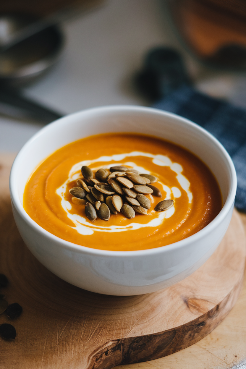 Indoor photo of a smooth bowl of butternut squash soup topped with a swirl of cream and toasted pumpkin seeds. No logos or text.