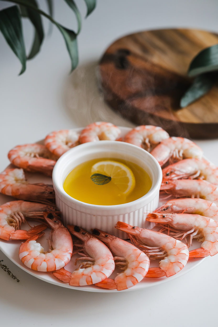 An indoor platter of pink, cooked shrimp arranged around a ramekin of warm garlic-lemon olive oil, steam faintly visible. No text or logos. Photo, not illustration.
