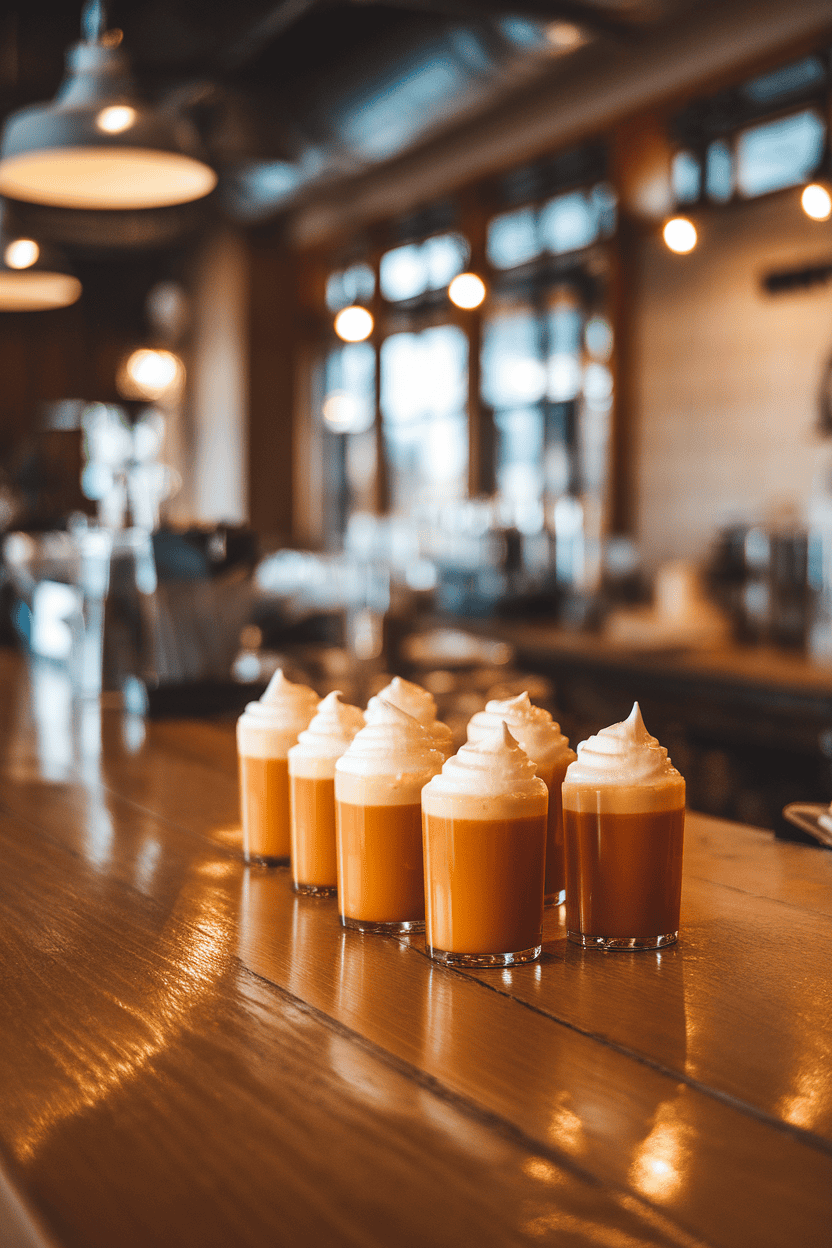 Indoor pub-style wooden counter with butterscotch jello shots crowned by fluffy cream foam, warm lighting, no logos around