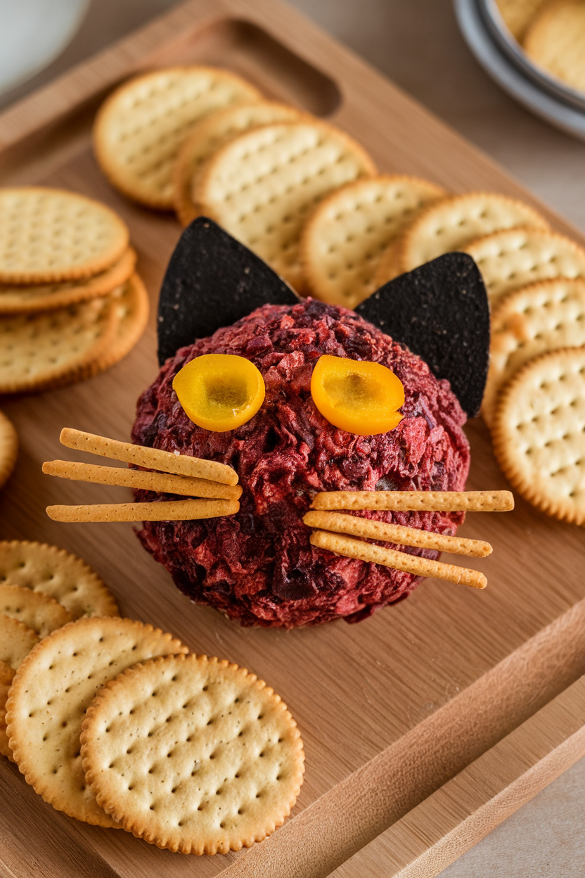 Wooden indoor board with a black olive-coated cheese ball shaped like a cat head, cracker whiskers and yellow bell pepper eyes. No text or logos.