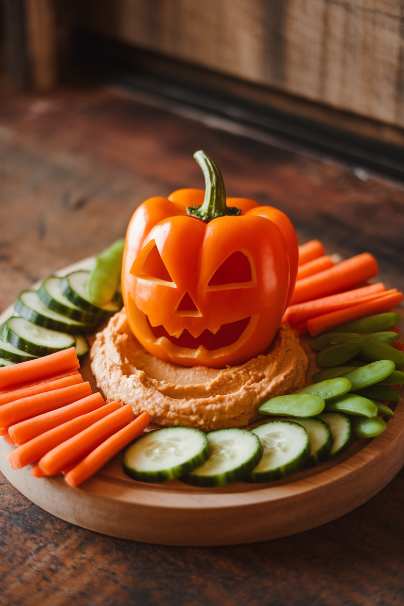 Indoor photo of an orange bell pepper carved with a classic jack-o’-lantern grin, filled with hummus, and surrounded by sliced cucumbers, carrot sticks, and snap peas on a rustic wooden board lit by warm kitchen lighting. No text or logos anywhere in the scene.