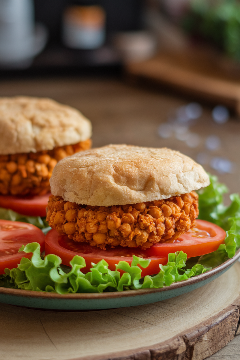 Photo of two vegetarian burgers on an indoor plate, visible chickpea texture, lettuce and tomato slices nearby; no text or logos.
