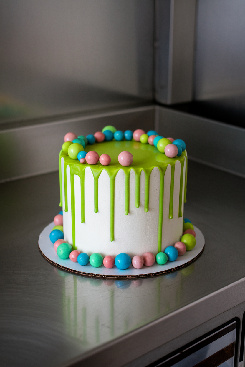 Indoor photo of a white cake with bright green glaze dripping erratically, bubbling candy spheres atop a stainless counter. No text or logos.