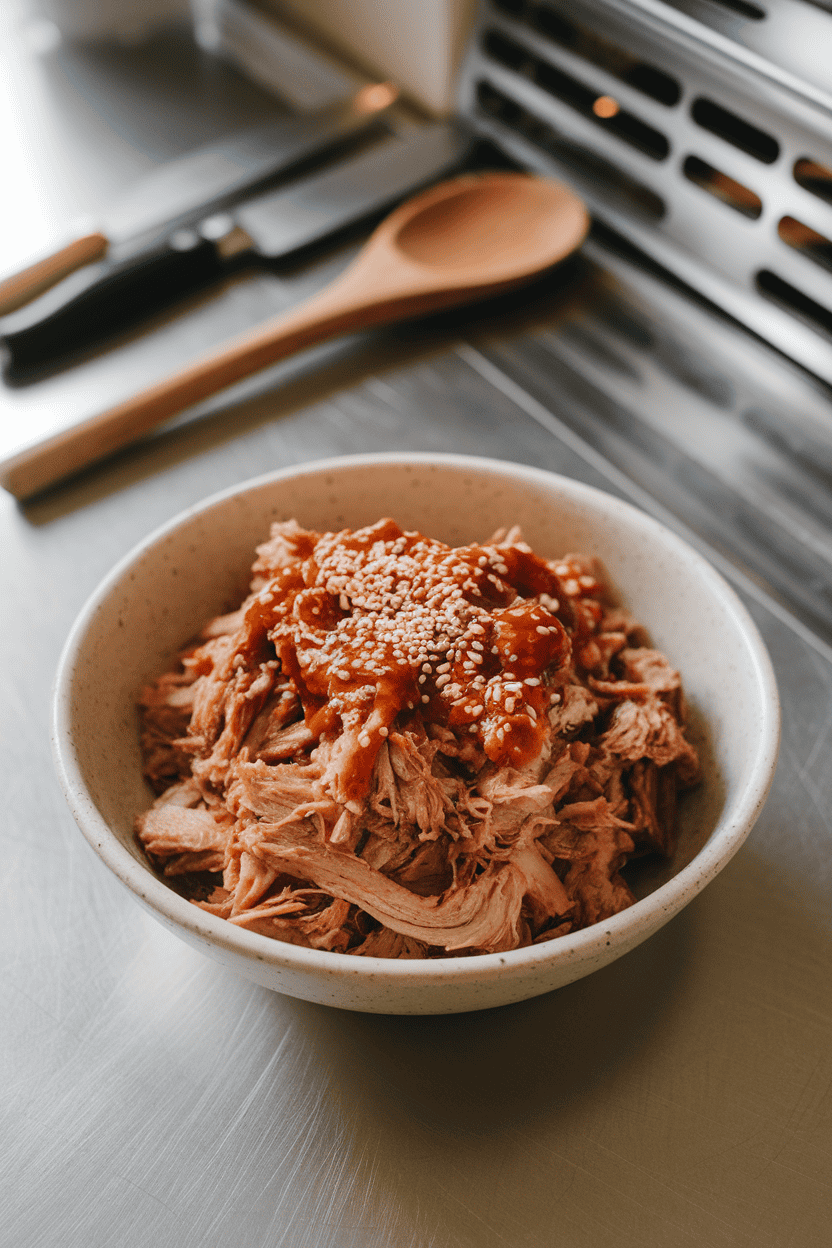 An indoor countertop with a bowl of shredded pork coated in gochujang glaze, sesame seeds on top, no text or logos.
