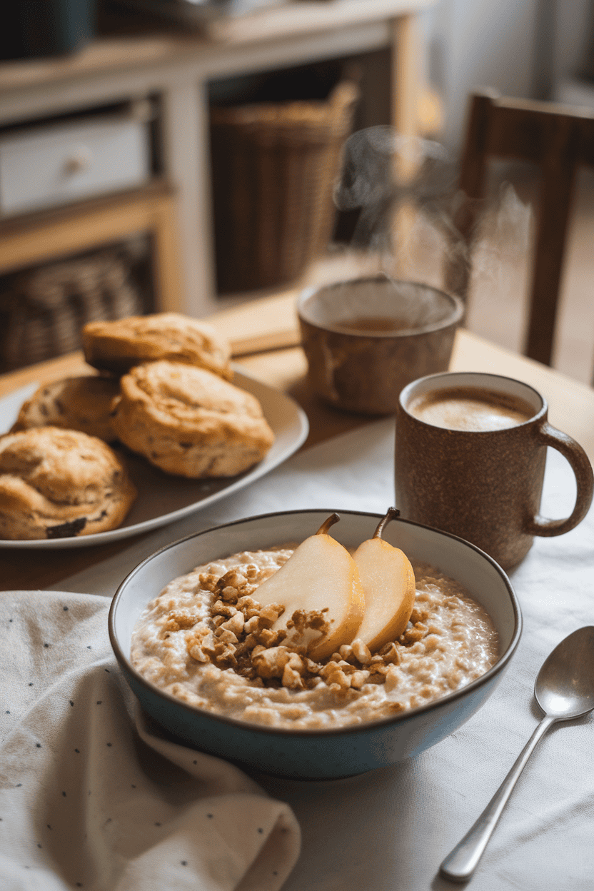 An indoor breakfast scene with a bowl of creamy multigrain porridge topped with poached pear slices and chopped nuts, no text or logos.