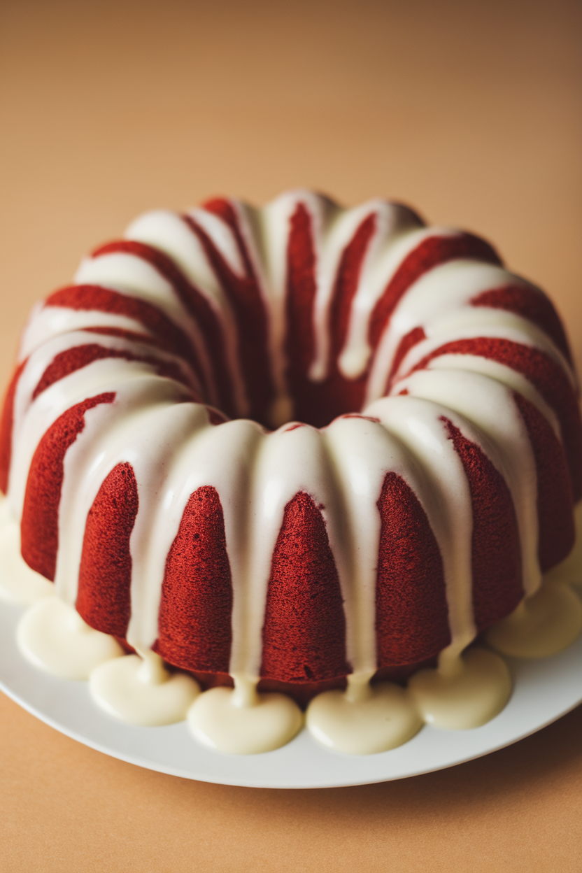 Indoor photo of a red velvet Bundt cake drizzled with white cream cheese glaze, extra glaze pooling like streaks. No text or logos.