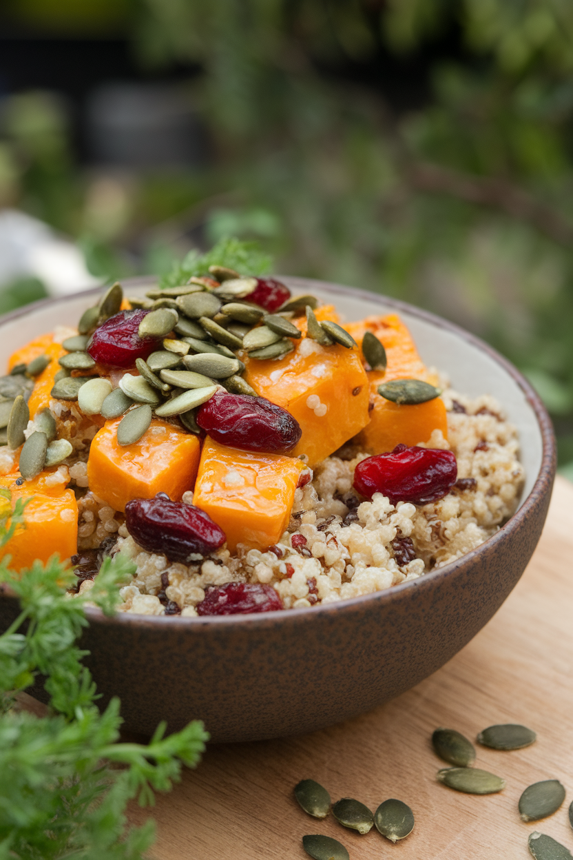 An indoor bowl filled with quinoa, roasted butternut squash, cranberries, and pumpkin seeds, glistening with vinaigrette. No logos or text, photo style.