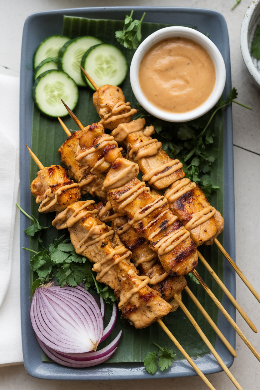Indoor platter of skewered chicken breast coated in peanut satay sauce, chopped peanuts sprinkled on top. No logos, photo.