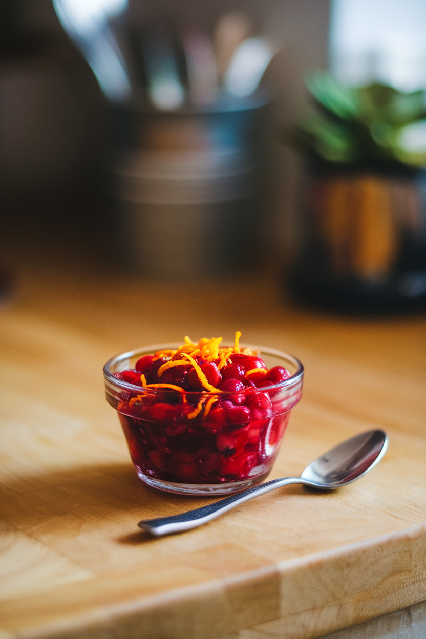 Indoor countertop scene showing a small glass bowl of bright red cranberry relish dotted with fresh orange zest, a spoon resting nearby. Photo, no text or logos.
