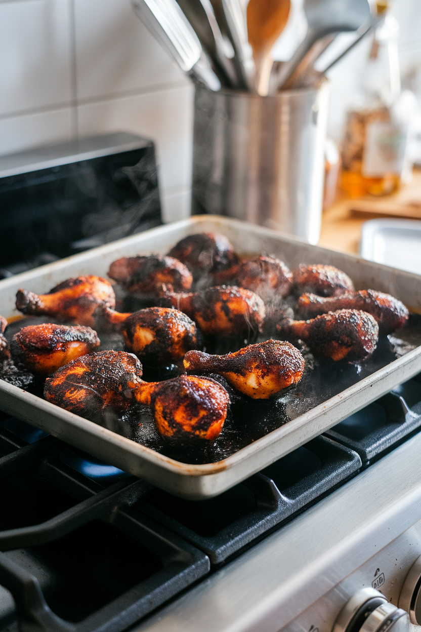 A metal baking sheet on an indoor stovetop loaded with lacquer-black chicken drummettes coated in a soy-molasses glaze, steam rising. No text or logos. Photo, not illustration.