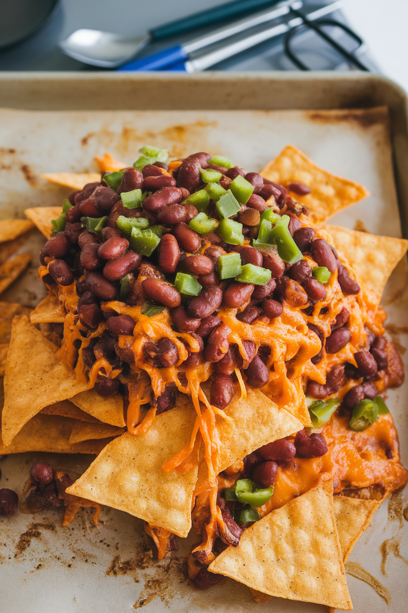 Indoor photo of a sheet pan of baked tortilla chips piled with pinto beans, diced peppers, and melted cheese; no text or logos shown.
