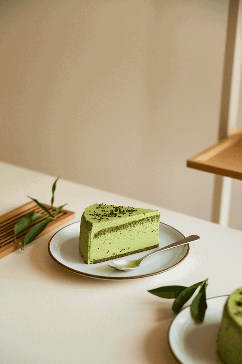 A minimalist indoor tea table with a slice of green matcha cake frosted lightly and sprinkled with black sesame seeds. No text or logos. Photo only.