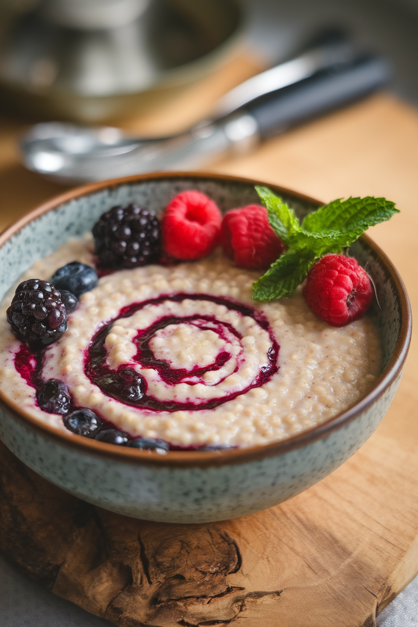 An indoor cereal bowl filled with creamy millet porridge swirled with berry compote, photographed from slightly above. No text or logos included.