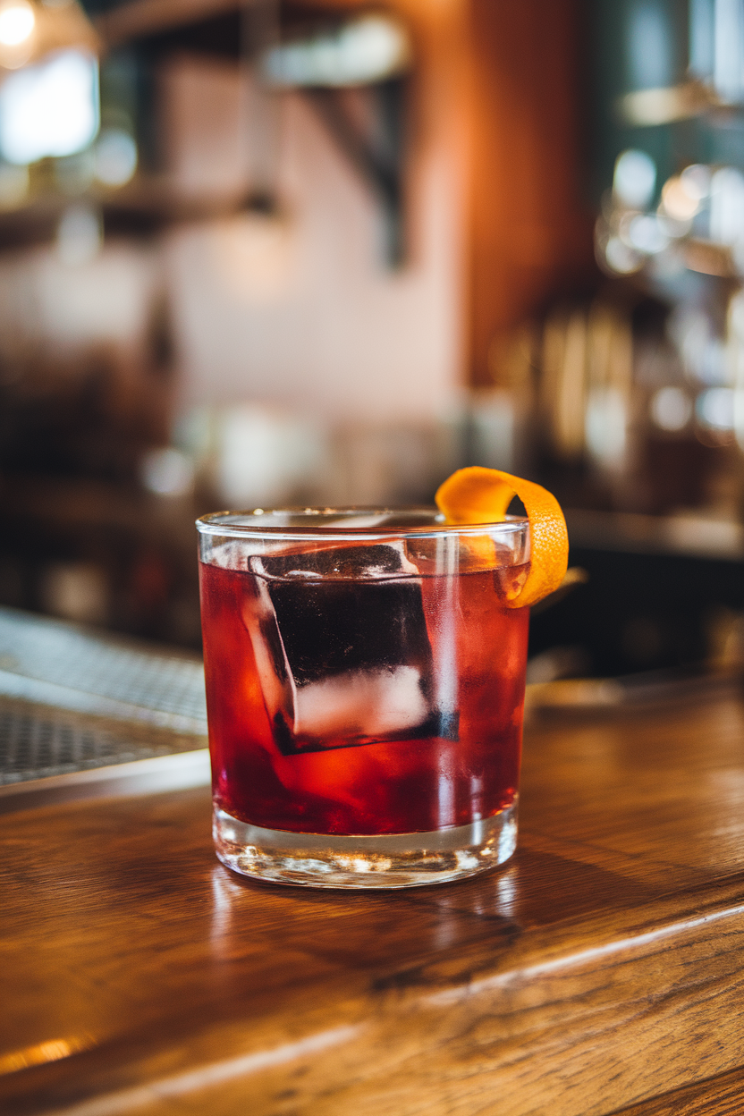 Indoor bar counter with a rocks glass of deep crimson Negroni, oversized square ice cube tinted black, orange peel garnish. No text or logos. Photo, not illustration.
