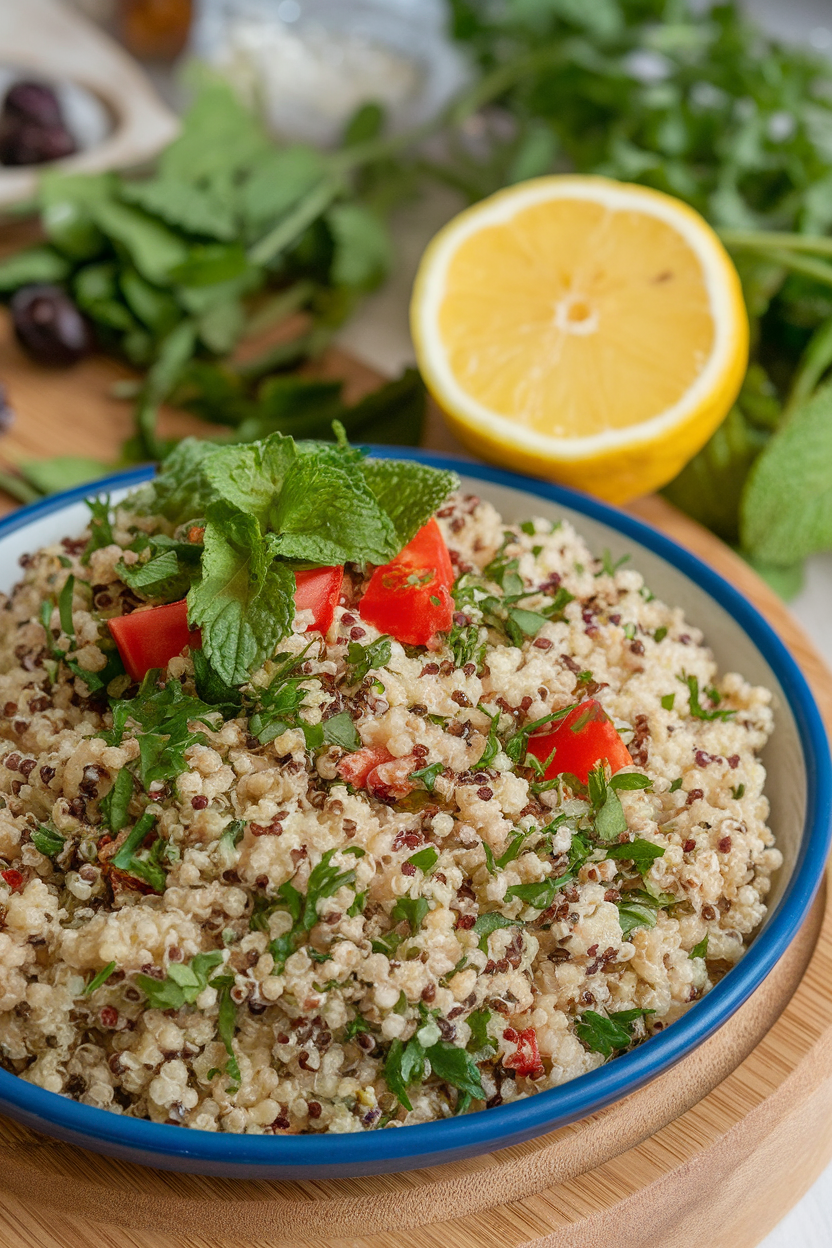 An indoor tabletop scene featuring a shallow platter of quinoa tabouli dotted with chopped parsley, mint, and tomato; a halved lemon sits nearby; no text or logos.