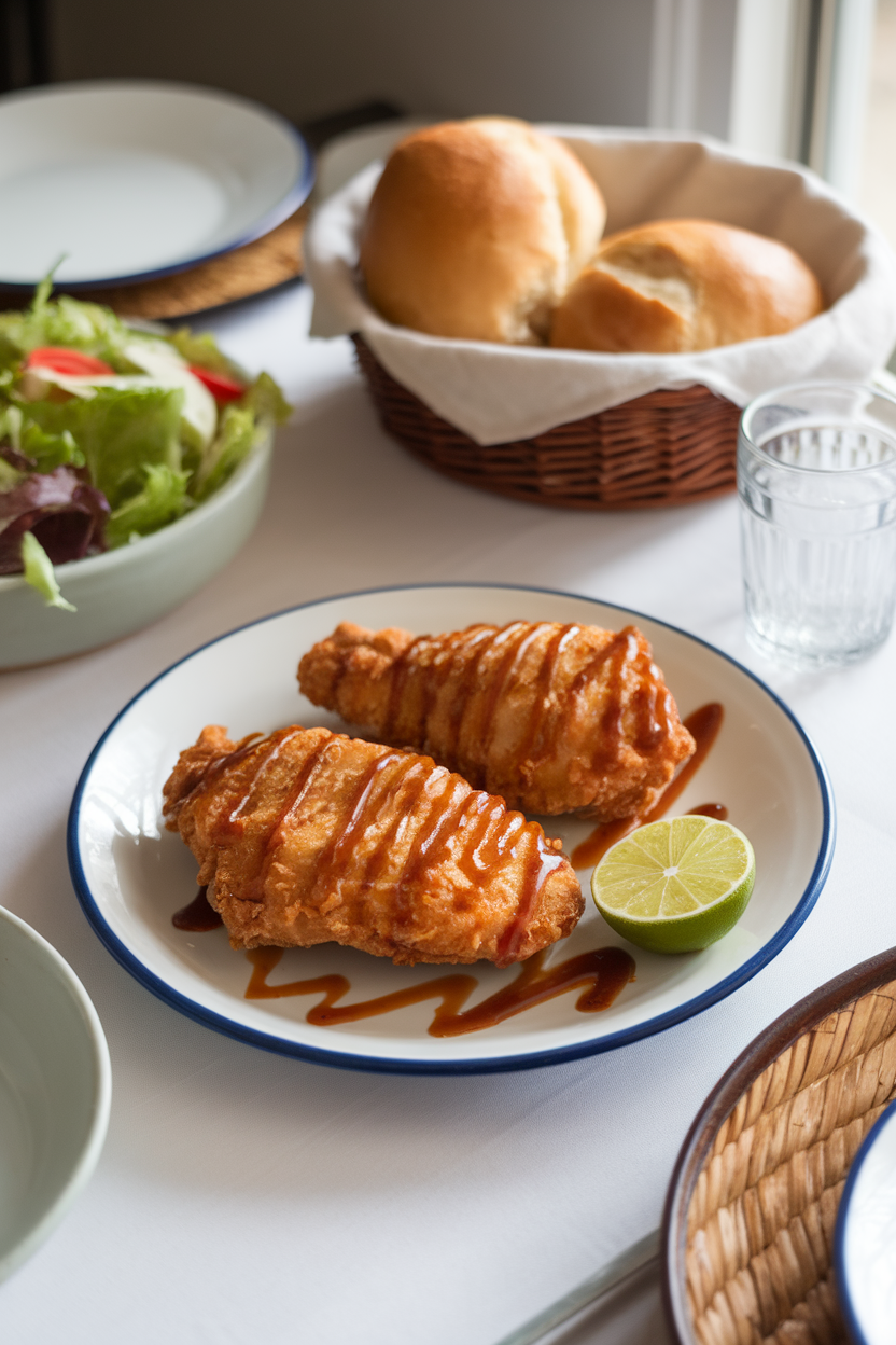 Indoor dining table showcasing fried chicken breasts drizzled with smoky chipotle honey glaze, lime wedge garnish, photo only, no text or logos