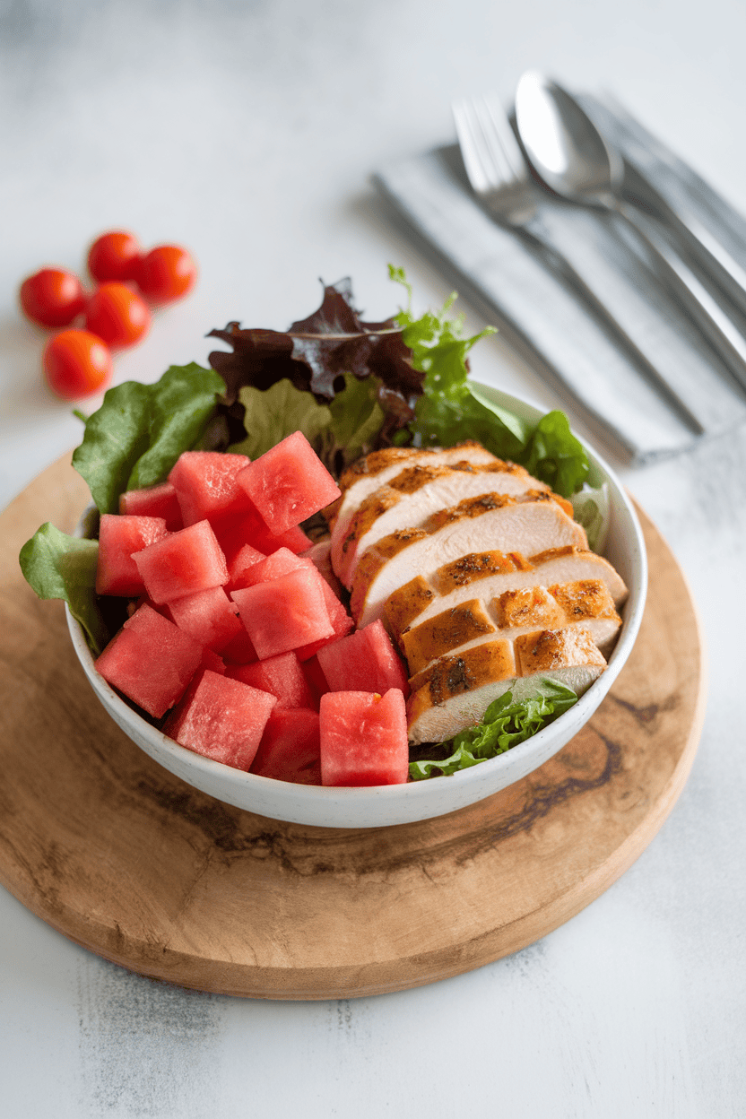 Photo of cubed watermelon and sliced chicken breast over mixed greens in a lunch bowl indoors, no text or logos.