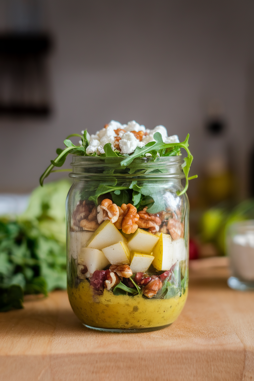Photo, indoor counter with layered jar salad: vinaigrette, diced pear, walnuts, arugula, and crumbled feta on top; no text or logos.