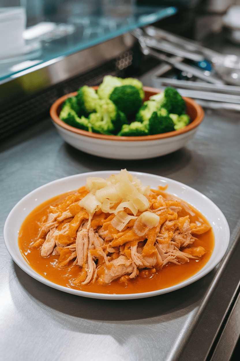 An indoor counter displaying shredded chicken in glossy orange sauce with ginger shavings atop, steamed broccoli in background. No text or logos.