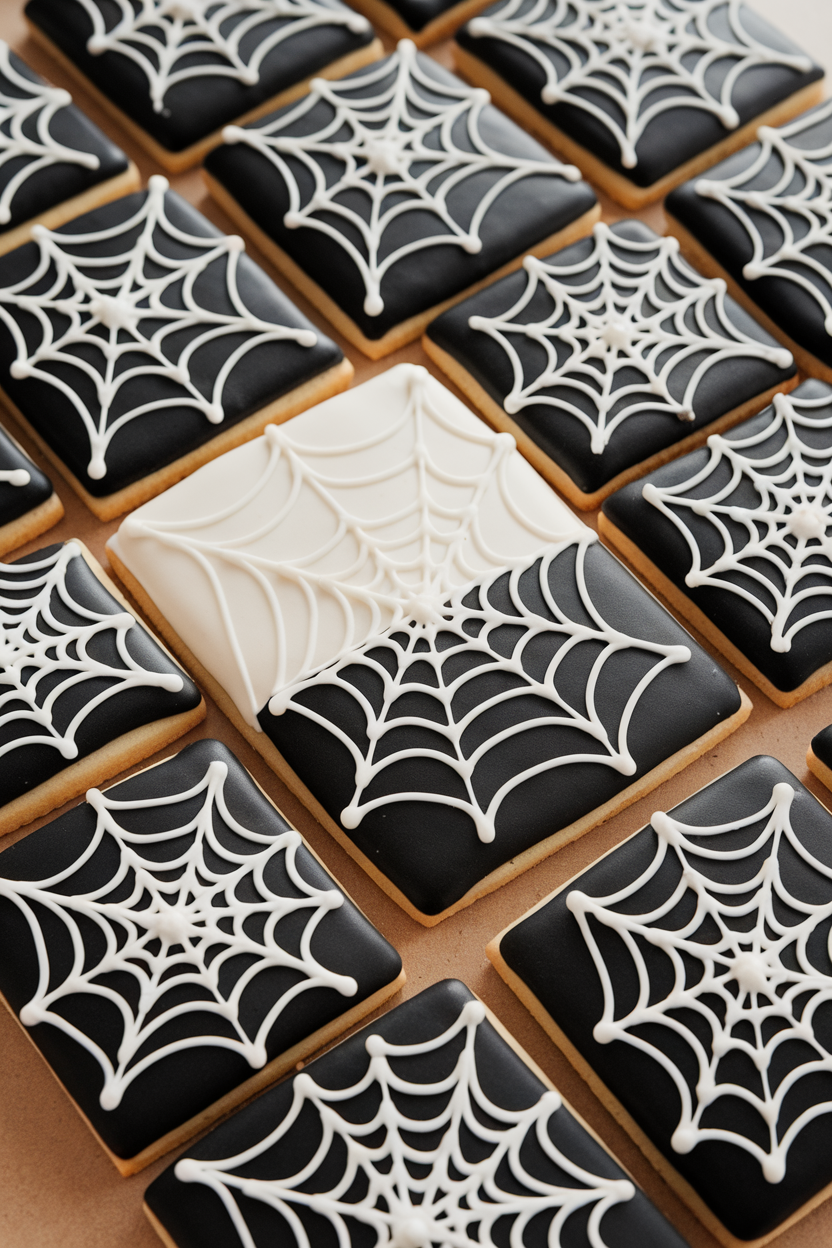 Indoor photo of square cookies half-covered in white spiderweb piping over black icing, laid in neat rows, no text or logos.