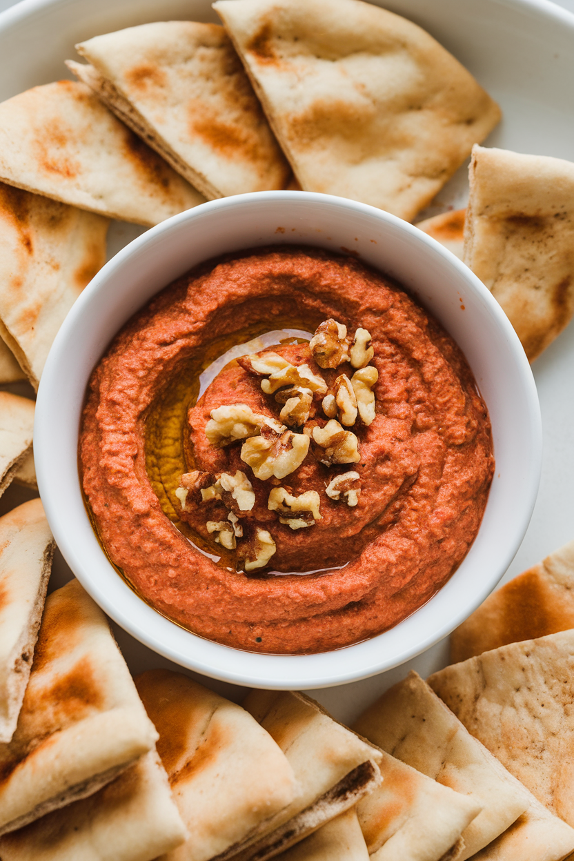 An indoor bowl of vibrant reddish-orange dip topped with crushed walnuts and a splash of olive oil, pita triangles placed alongside. No logos or text. Photo only.