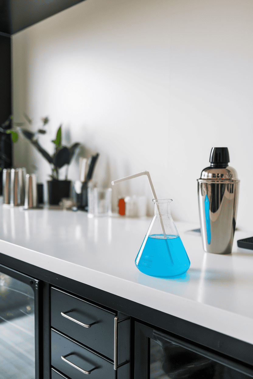 Indoor lab-themed bar setup featuring an Erlenmeyer flask filled with electric blue margarita, paper straw jutting out; no text or logos, photo.
