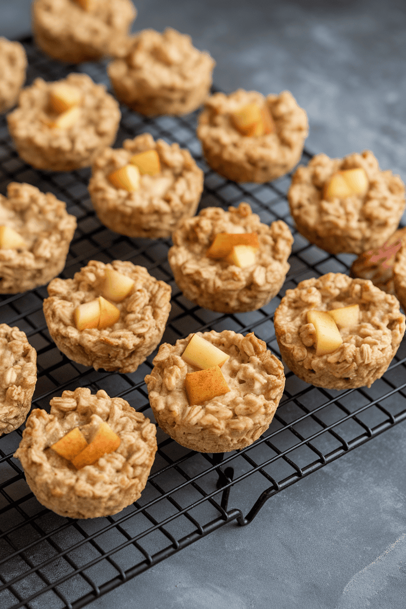 Indoor photo of small oatmeal cups studded with apple chunks, arranged on a cooling rack. No logos or text.