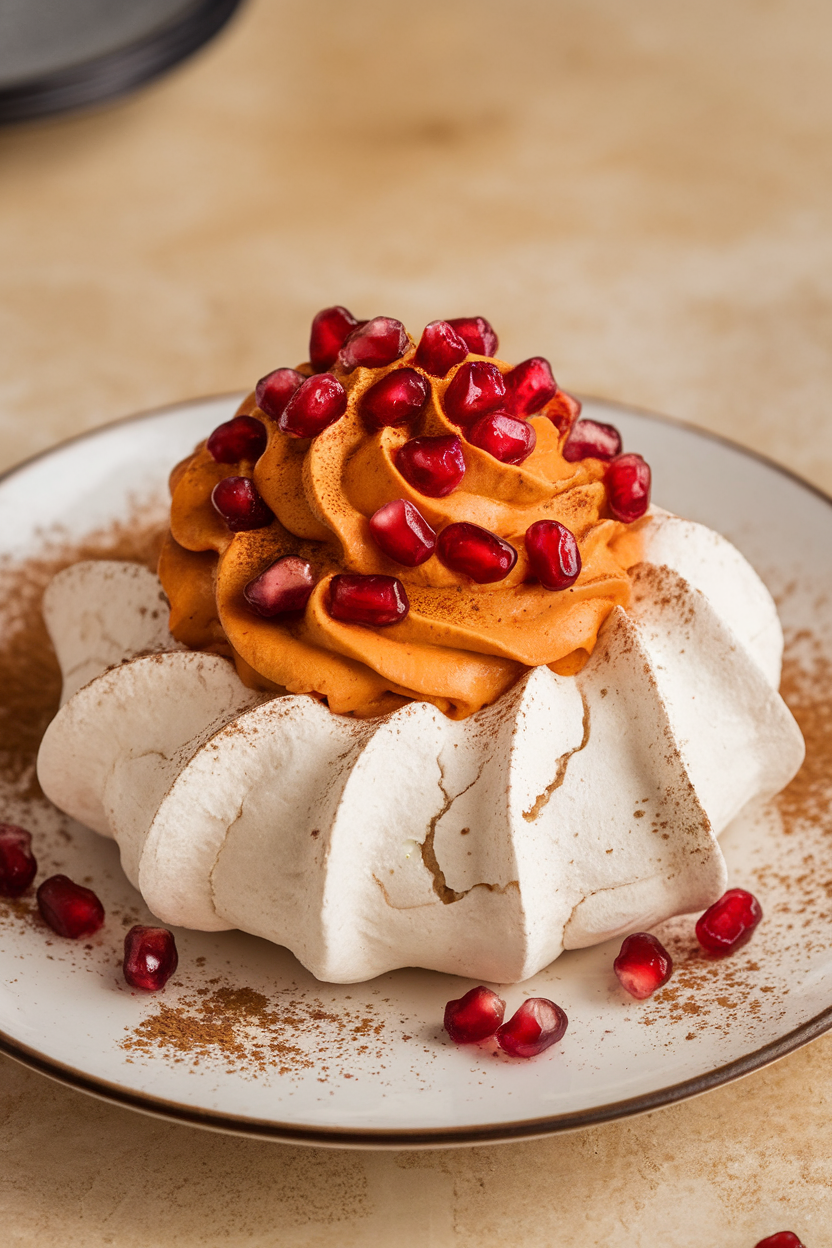 Indoor photo of a crisp pavlova shell topped with pumpkin spice whipped cream and pomegranate arils. No text or logos.