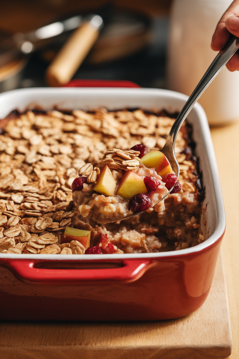 An indoor casserole dish with bubbling apple-cranberry filling topped by golden oat clusters, spoon digging in. No text or logos.