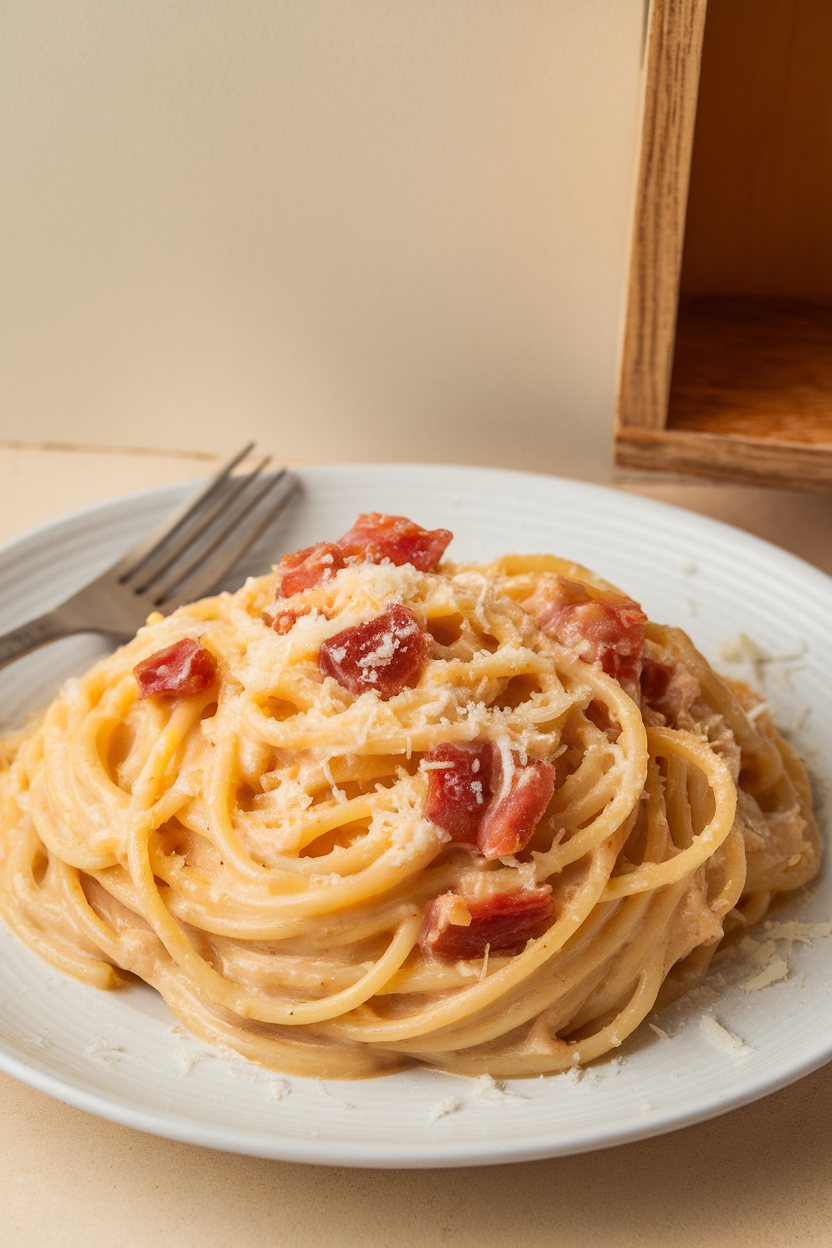 Indoor photo of spaghetti coated in creamy carbonara sauce with visible pancetta bits, no text or logos. Photograph, not illustration.